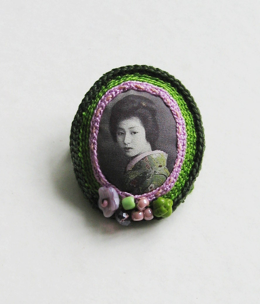 Green and lilac geisha brooch
