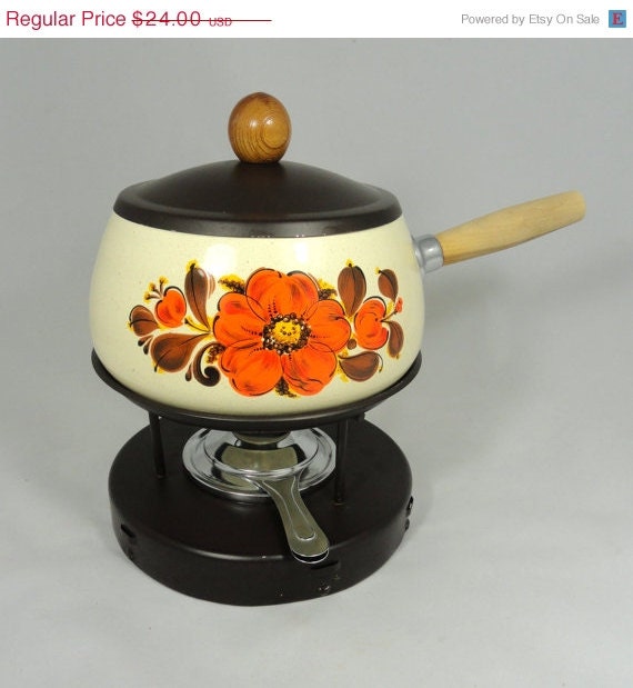 SALE Vintage Fondue Set . Chafing Dish. Metal Fondue Pot with burner