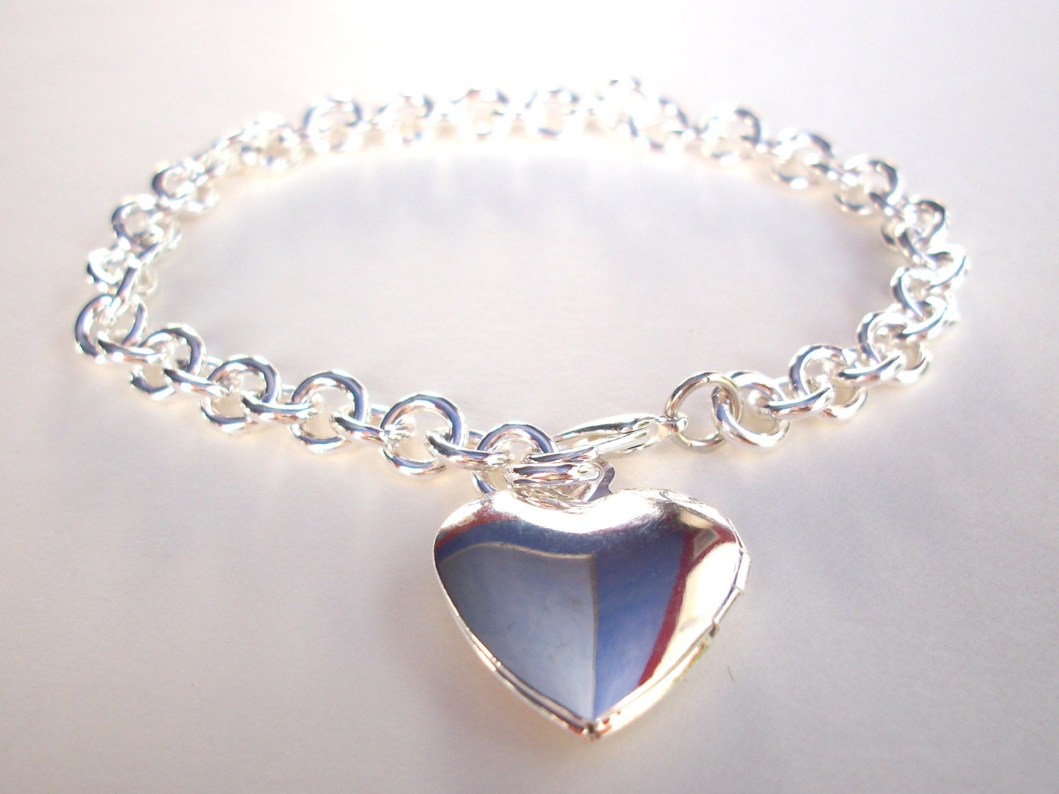 Silver Heart Locket Bracelet, heart charm bracelet, simple heavy silver chain bracelet jewellery