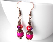 Fuchsia Orange earrings, boho gypsy jewelry in bright purple and tangerine, beaded with copper flligree beads