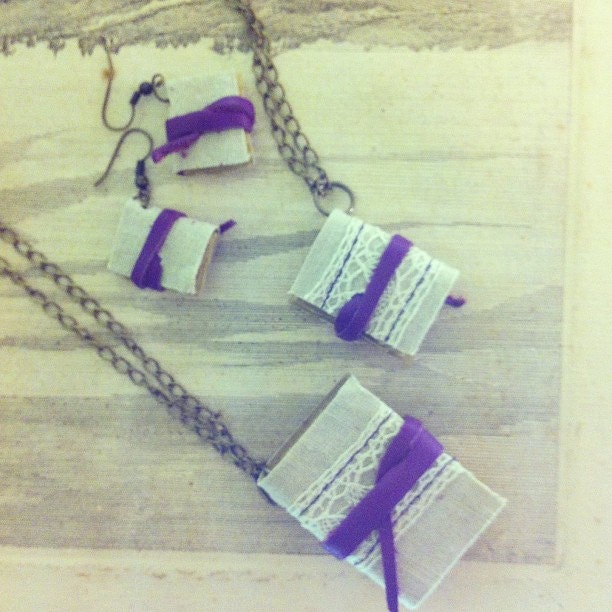 Mini book necklace and mini book earrings, fabric and leather