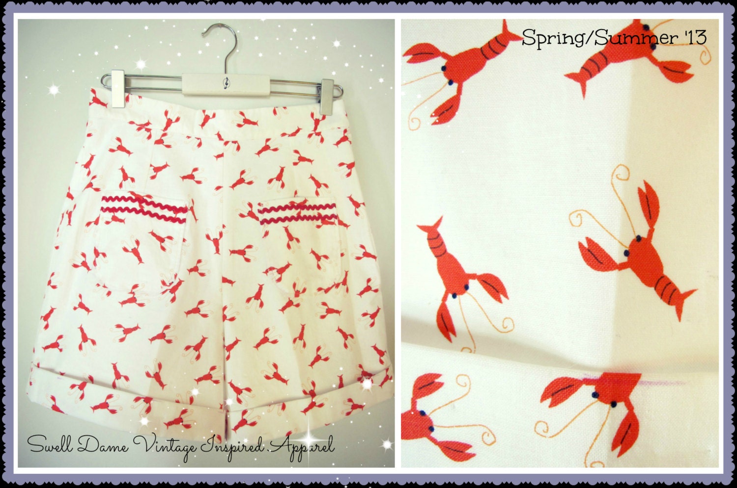 Swell Dame 1950s style women high waisted shorts lobster crawfish print