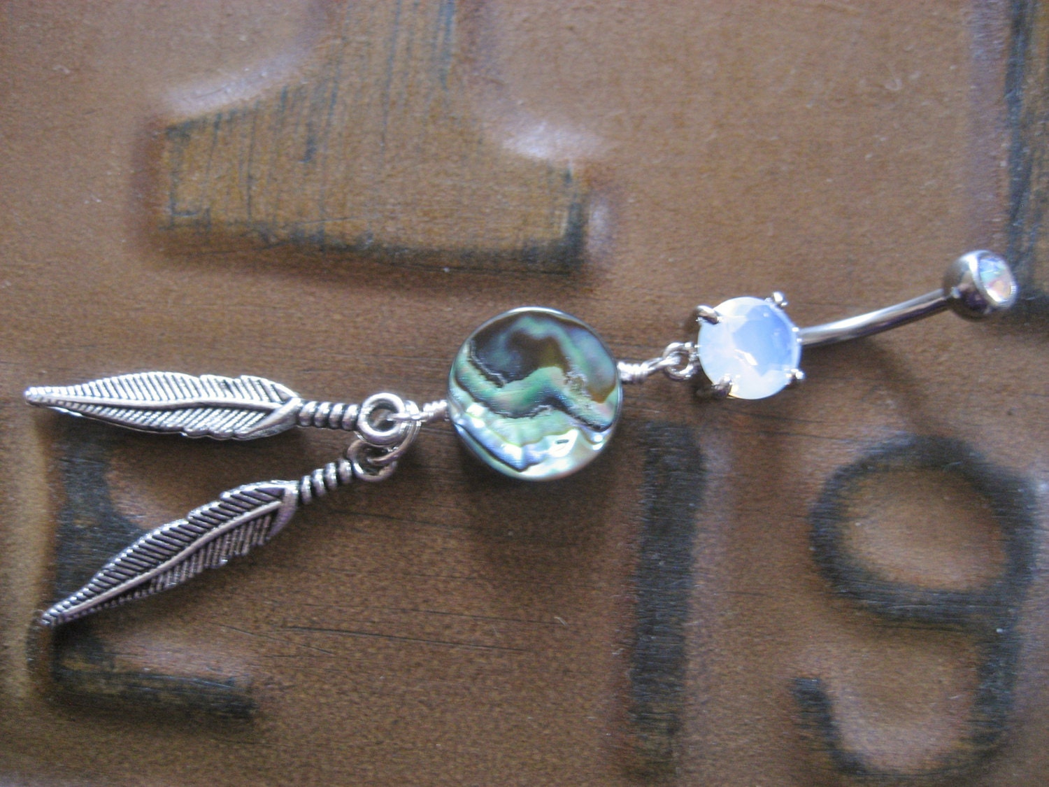 Belly Button Jewelry- Opal Abalone Mother of Pearl Double Feather Dream Catcher Navel Ring Piercing
