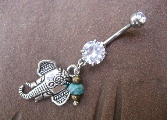 Elephant Belly Button Ring- Turquoise Charm Dangle Navel Piercing Bar Jewelry Barbell