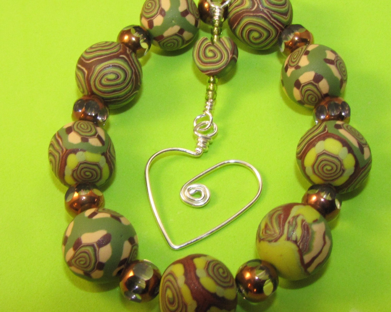 Copper and Green Polymer Clay and Wire Heart Necklace - One of a Kind