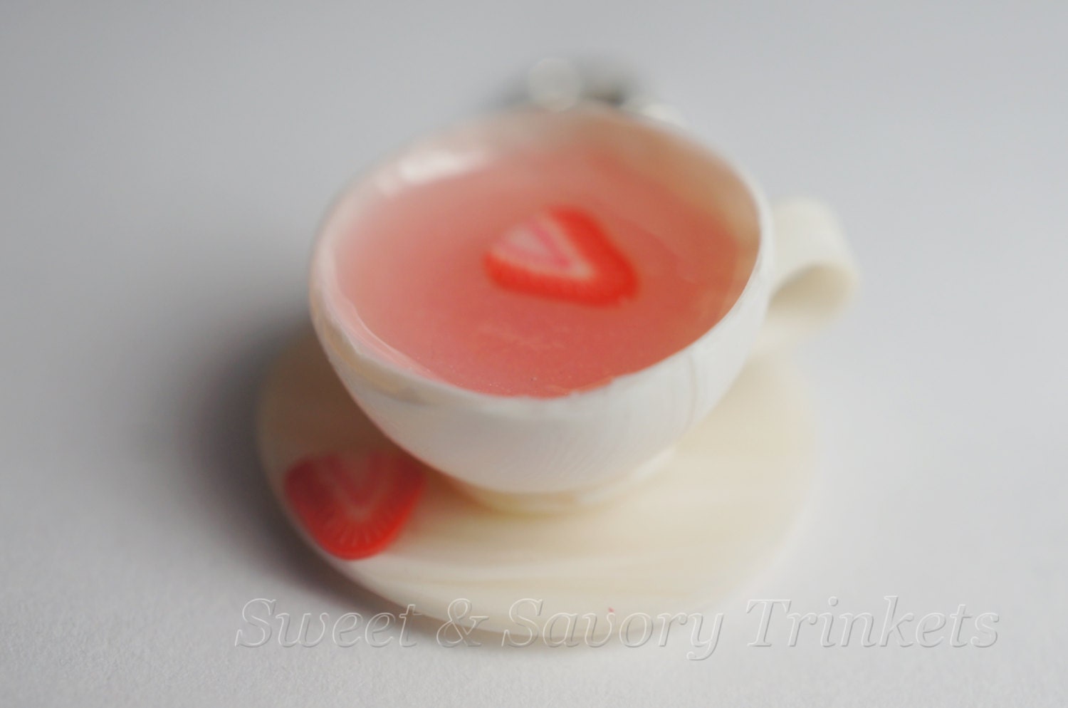 Strawberry Tea Charm, Miniature Food Jewelry, Polymer Clay Food Charm