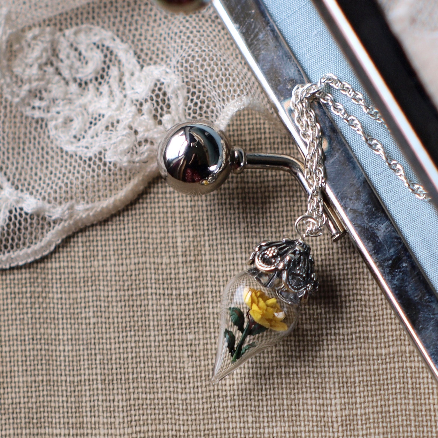 Sunny Yellow Rose Flower Tiny Terrarium Necklace Glass Vial by Woodland Belle