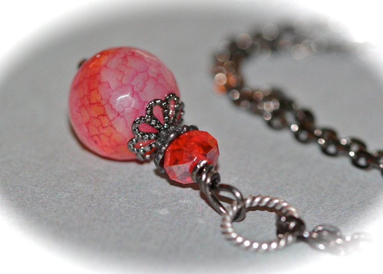 Tourmaline Pendant Necklace. Red. Pink. Gunmetal.