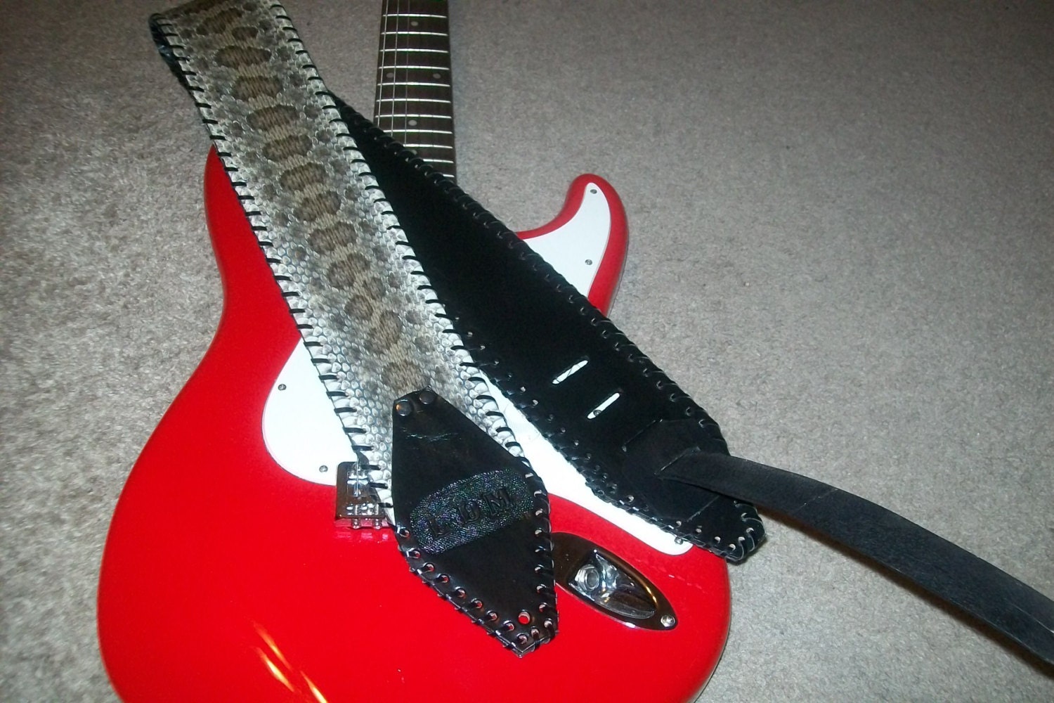 Rattlesnake Guitar Strap -Monogrammed Western Diamond Back Guitar Strap in Black Leather