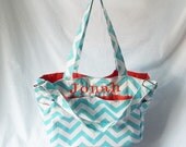 Chevron diaper bag with monogram - Blue zig zag medium weekender -Made to Order