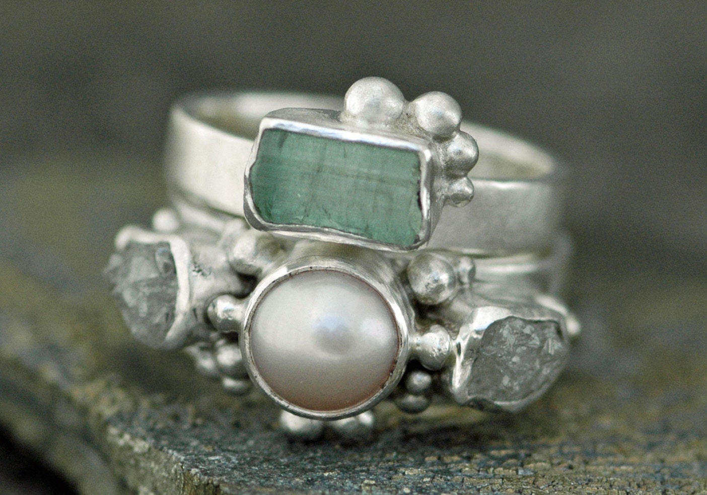 Rough Diamond and Pearl Engagement Band and Wedding Stacking  Ring with Rough Specimen Set- Custom Made Custom Colour