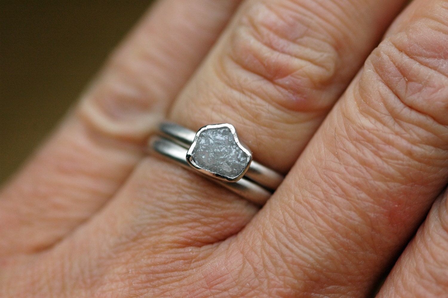 Bezel-Set Rough Large Diamond Engagement Ring and Wedding Band Set 14k White or Yellow Gold- Size D Diamonds