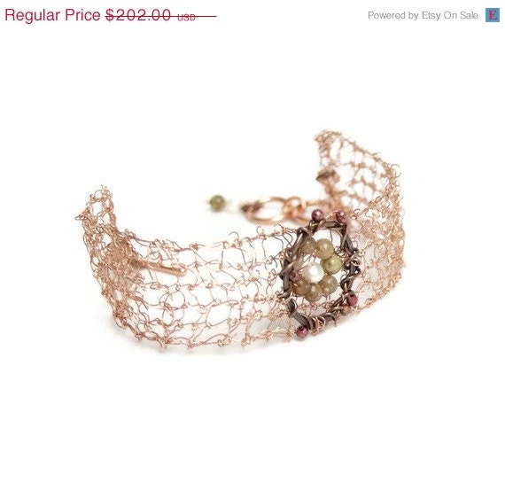 Copper Jewelry Cuff Bracelet - Knitted Wire Jewelry - Gemstone Jewelry - In Stitches Ooak