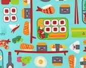 Remnant end of bolt 21 inches Robert Kaufman Fabric Bento Box Happy Sushi Aqua