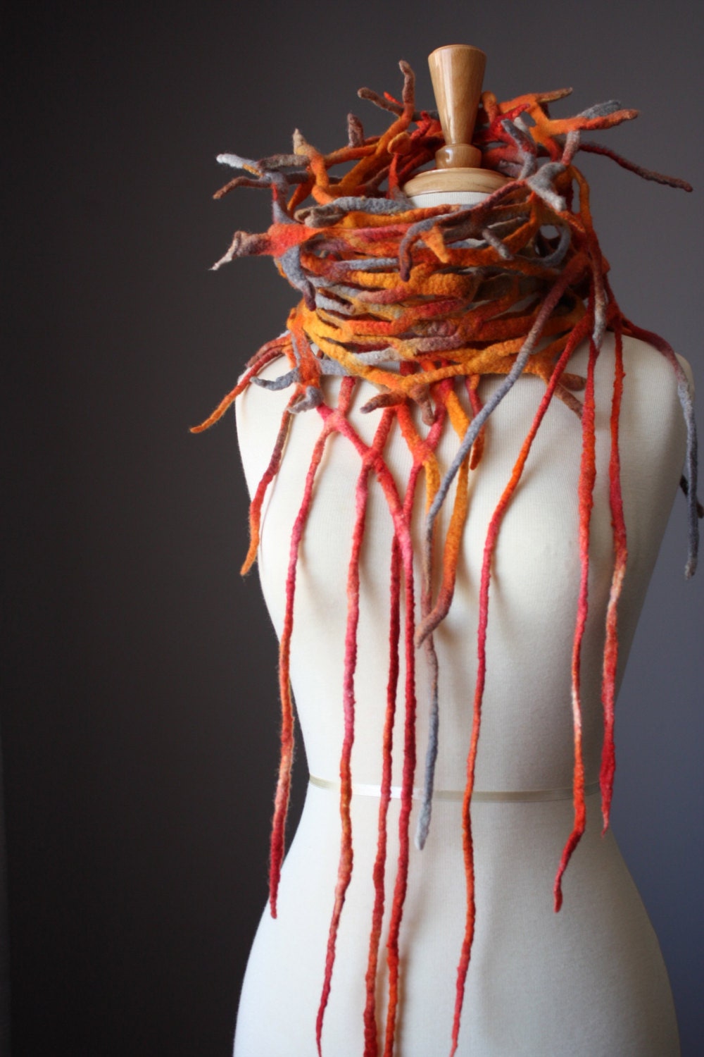 Felted scarf wool Orange earthy  Fish net for Spring , Roots and branches scarf