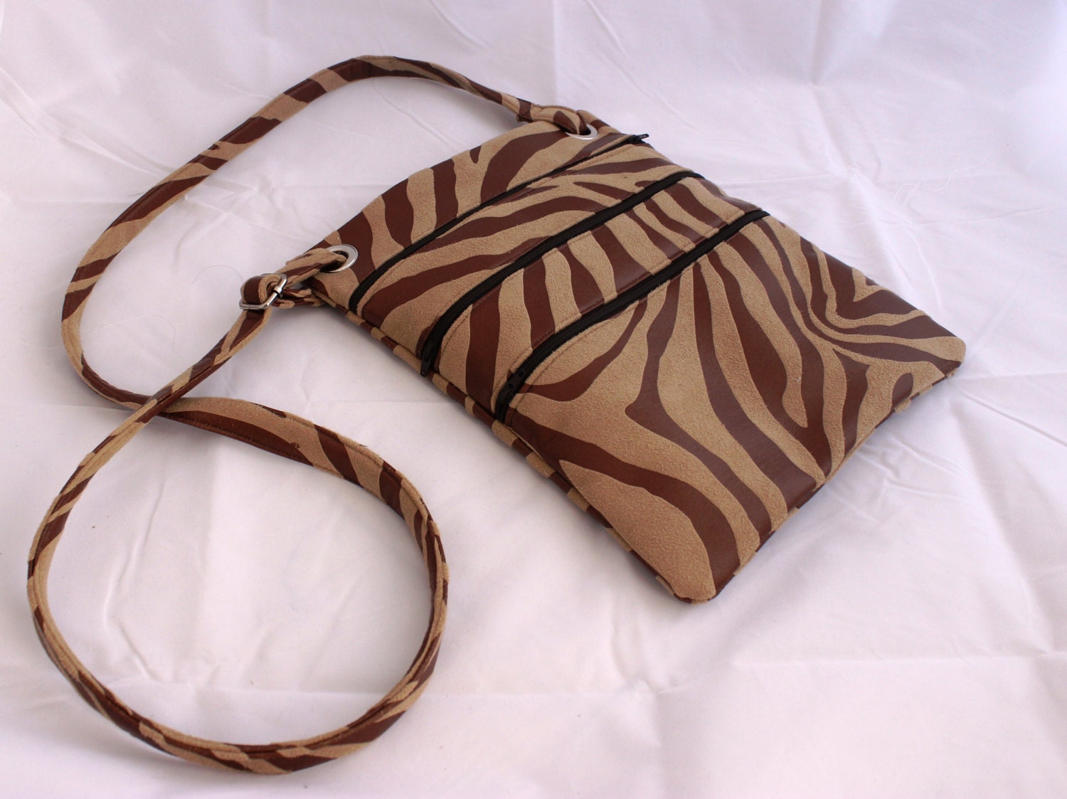 Zippered shoulder crossbody bag Animal Print Faux Suede Vegan Friendly