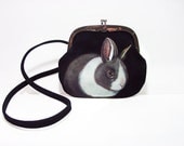New - Dwarf Dutch Bunny bag - handpainted, ooak by NYhop, vintage small mini shoulder purse, black leather suede, one of a kind