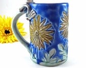 Large Blue Violet Mug  Pottery Coffee Tea Mug - Porcelain - Sunflowers - Daisies - Frog - 265