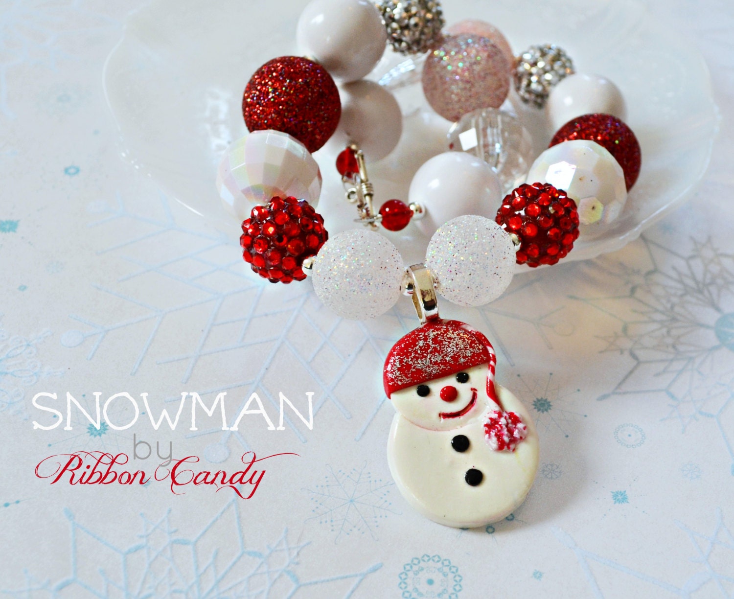 Snowman Chunky Necklace in Red and White for girls, chunky gumball bead bubble necklace winter jewelry, birthday necklace