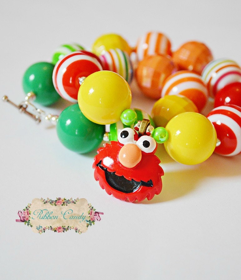 Red Furry Monster Chunky Necklace, bubblegum gumball bead necklace, large beads, Elmo inspired birthday, red, yellow, green