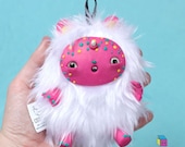 Designer toy Mixed Media Softie - Cute Monster Stuffed Sculpture White furry kawaii monster - White fur, Pink skin- Kriture no. 97