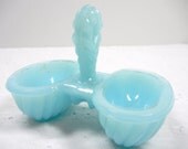 Milk glass open salt, Rare double salt, Rare turquoise blue salt cellar, blue salt dip, Glass double salt, Vacation SALE