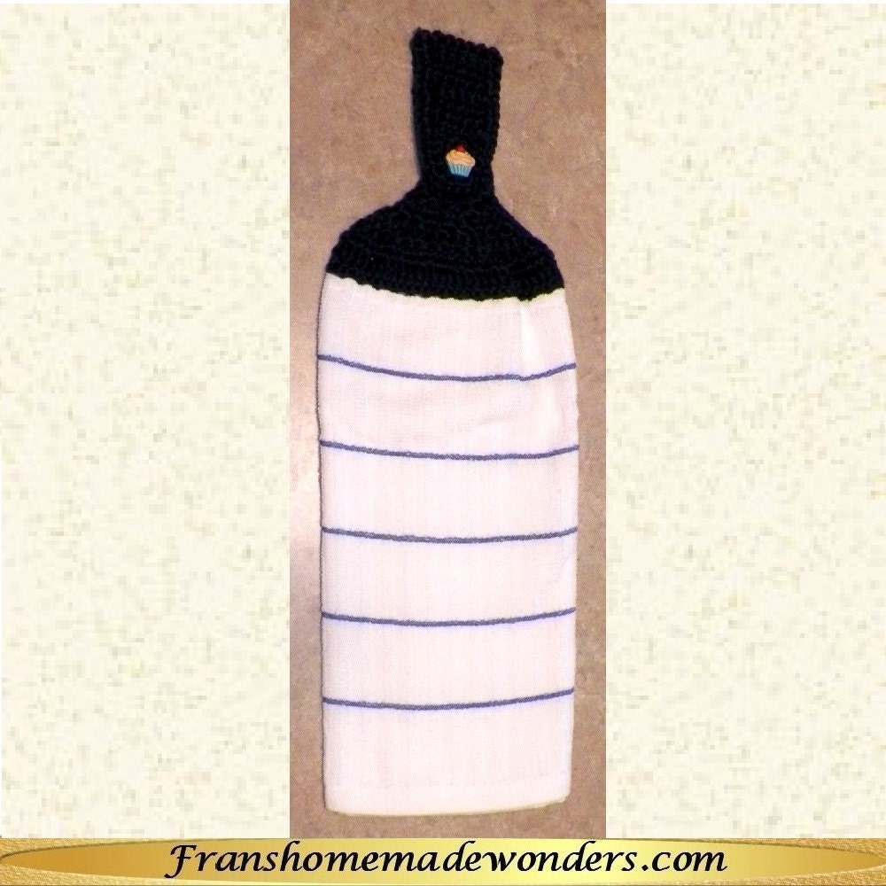 Hand Crocheted Top Double Layer Cotton Hanging Kitchen Towels - White with Blue Horizontal Stripes