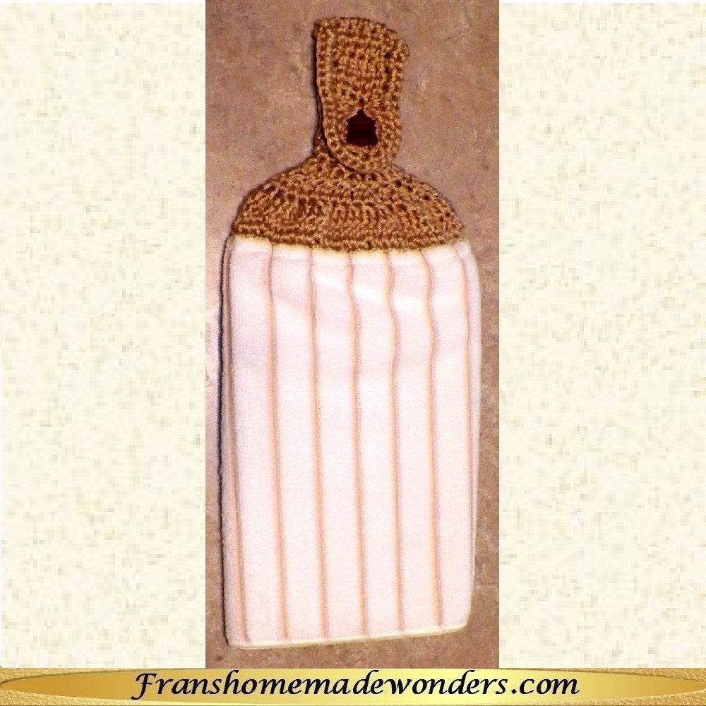 Hand Crocheted Top Double Layer Micro-fiber Hanging Kitchen Towels - White with Brown Stripes