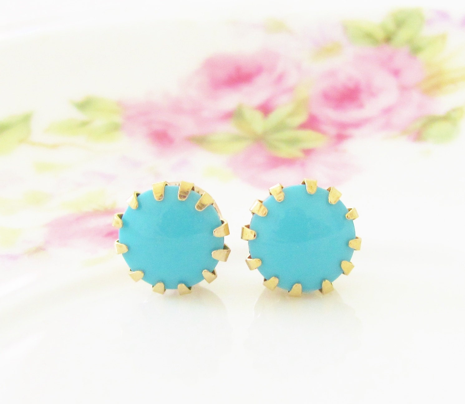 Turquoise Blue Post Earrings Vintage Glass Swarovski Jewel in Tiffany Brass Setting Surgical Steel, Wedding, Bridal, Bridesmaid, Preppy