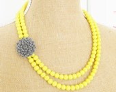 Yellow and Gray Asymmetrical Flower Necklace Double Strand -  Bright Yellow Glass Beads, Gray Dahlia Bridesmaid, Wedding, Bridal