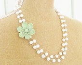 Mint Green Flower Statement Necklace - White Glass Beads Asymmetrical Vintage Enamel Flower - Hand Wired Double Strand Wedding, Bridal