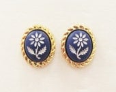Navy Blue Flower Stud Earrings - Navy Blue Daisy Rope Oval Gold Plated Post Earrings - Preppy Bridesmaid, Wedding, Bridal