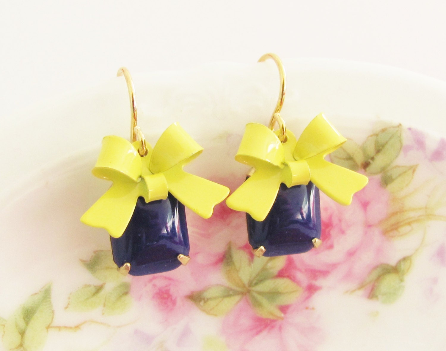Yellow Bow and Navy Blue Vintage Glass Jewel and Yellow Enamel Bow Dangle Earrings - Preppy, Wedding, Bridal, Bridesmaid