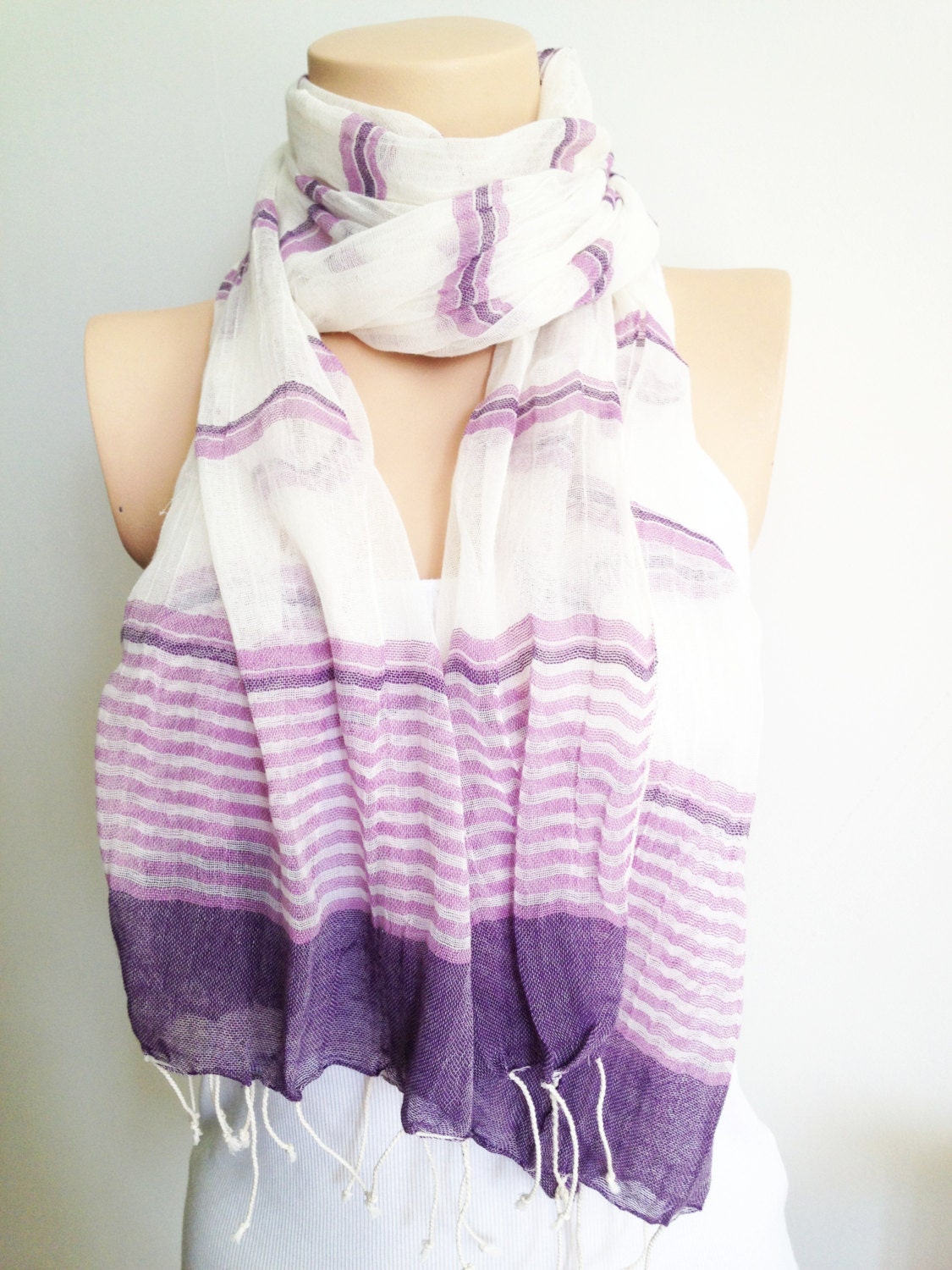 Ruffle Frilly Shawl Neckwarmer Cotton Fabric Scarf stripe Purple Lilac - cookieletta