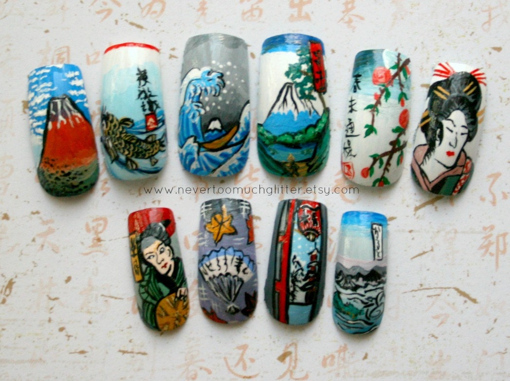 Japanese Nail Art- Handpainted Japanese Woodblock Print (Custom) Artificial Nails