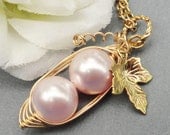 Two Peas In A Pod Gold Pendant Necklace - Love My Girls Pink Swarovski Pearls. Ideal For Brides, Bridesmaids, Sisters, Family,  Mom