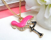 Pink Flamingo Necklace On A Gold chain - Charm Necklace Adjustable Necklace Enamel Jewelry