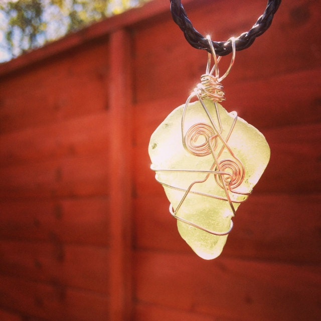 Light Green Irish Sea Glass - Wire Wrapped Pendant