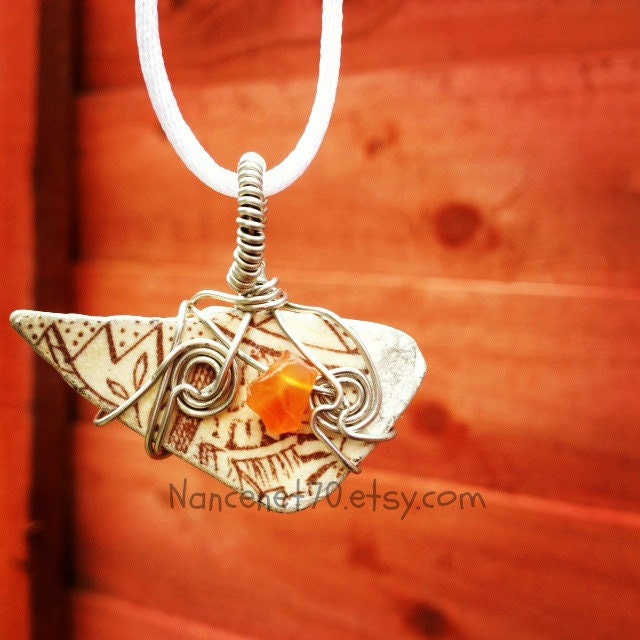 Brown & White Irish Sea Pottery - Wire Wrapped Pendant