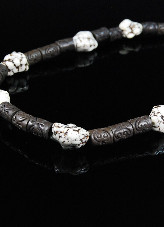White Howlite and Brown Nut Tube Beads