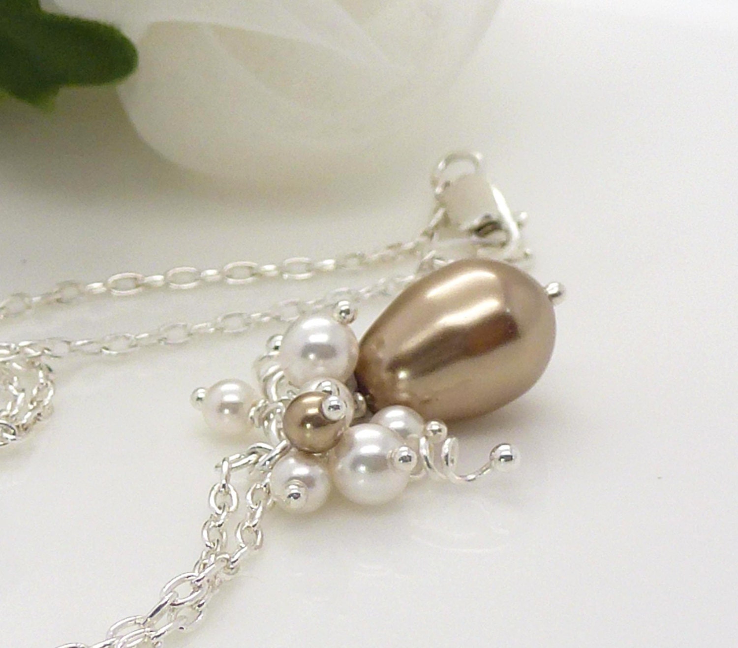 White and champagne pearl necklace, pearl cluster wedding necklace, champagne wedding jewelry