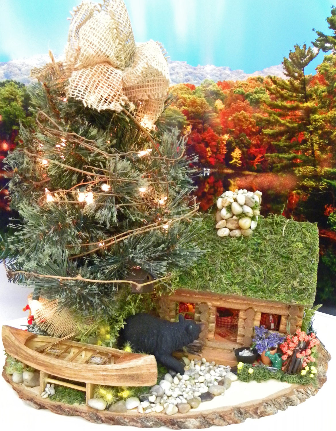 Cabin Lighted Woodsy Decoration Lake Bear Rustic Mountain House Lodge