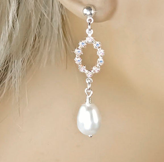 Pearl Bridal Earrings, White Pearl Drop with Swarovski Crystals Bridal Earrings, Bridesmaid Earrings Angelica (WE0040)