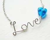 Sterling Silver Love Necklace with Aqua Blue Glass Heart Bead. AzizaJewelry