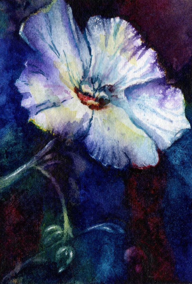 ACEO Art Print, Blue, Yellow, Teal, Green, Wildflower