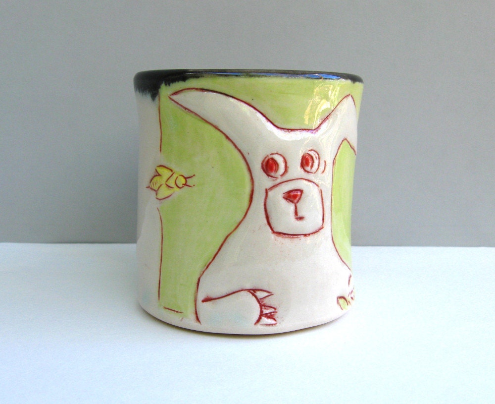 Rabbit Mug, Small Coffee Cup With Bunny And Bees, Green