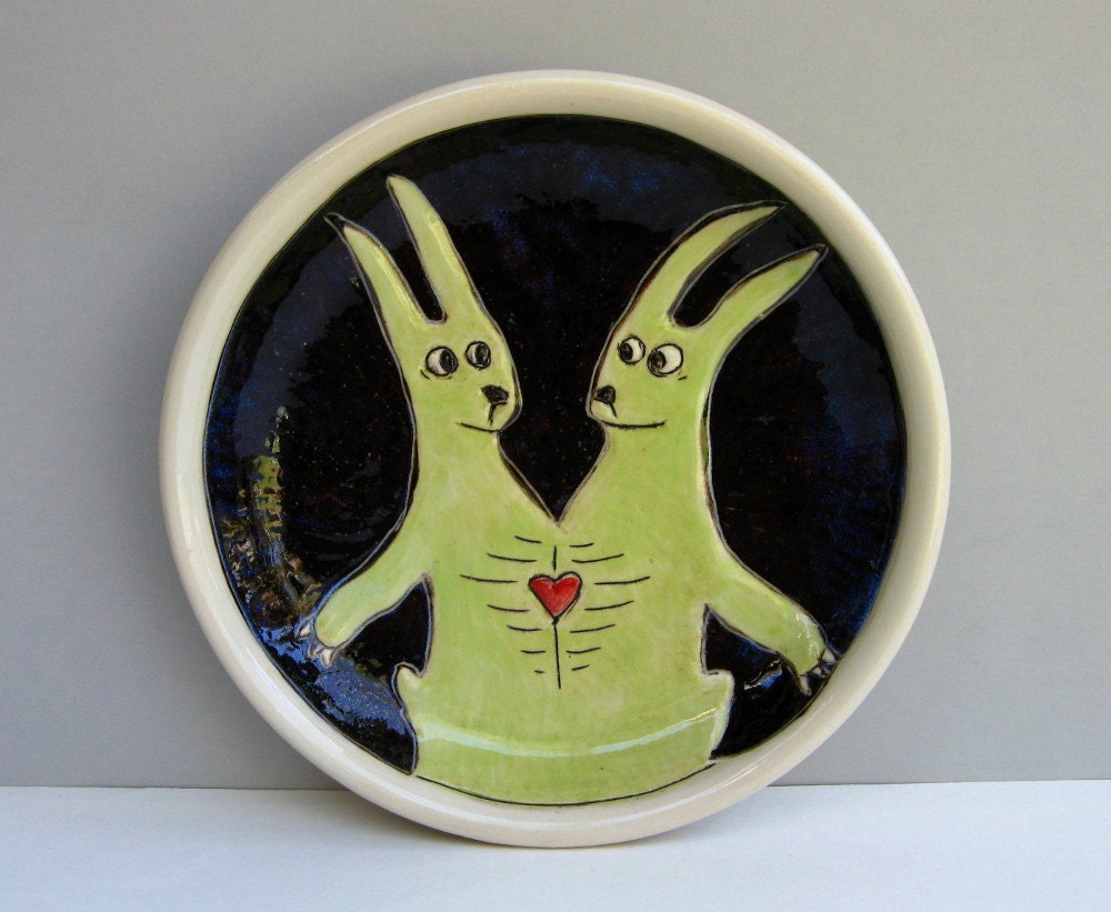 Rabbit Plate, Small,  With Conjoined Bunny, Snack Plate, Black, Green