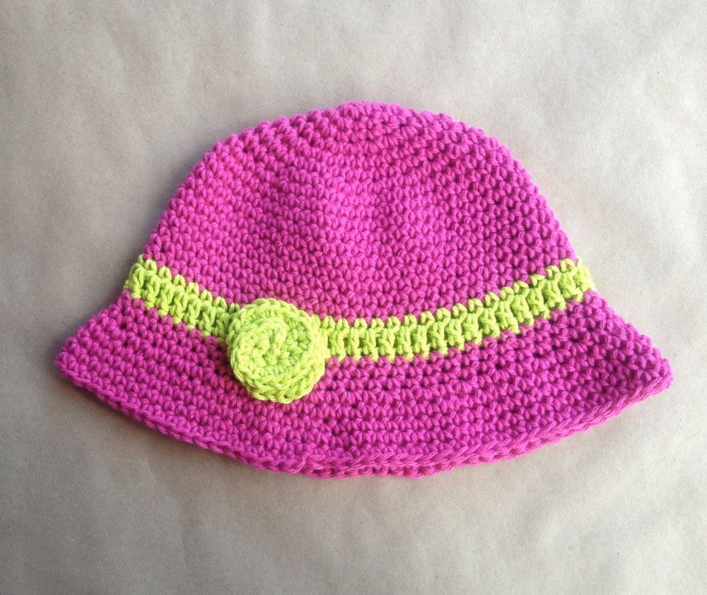Women's Cotton Hat Summer Cloche Magenta with Lime Stripe and Crocheted Flower Embellishment Earth Day Womens  Breathable Soft
