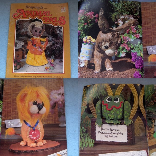 vintage 70s craft pattern book DRAPING ANIMAL PALS frog, hippo, beaver, donkey, turtle, lion, bear, owl, bunny, cat