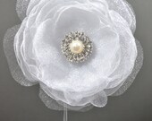 Simple and Sweet Organza Flower Bridal Hair Fascinator, Hair Clip, Rhinestone and Pearl Accent